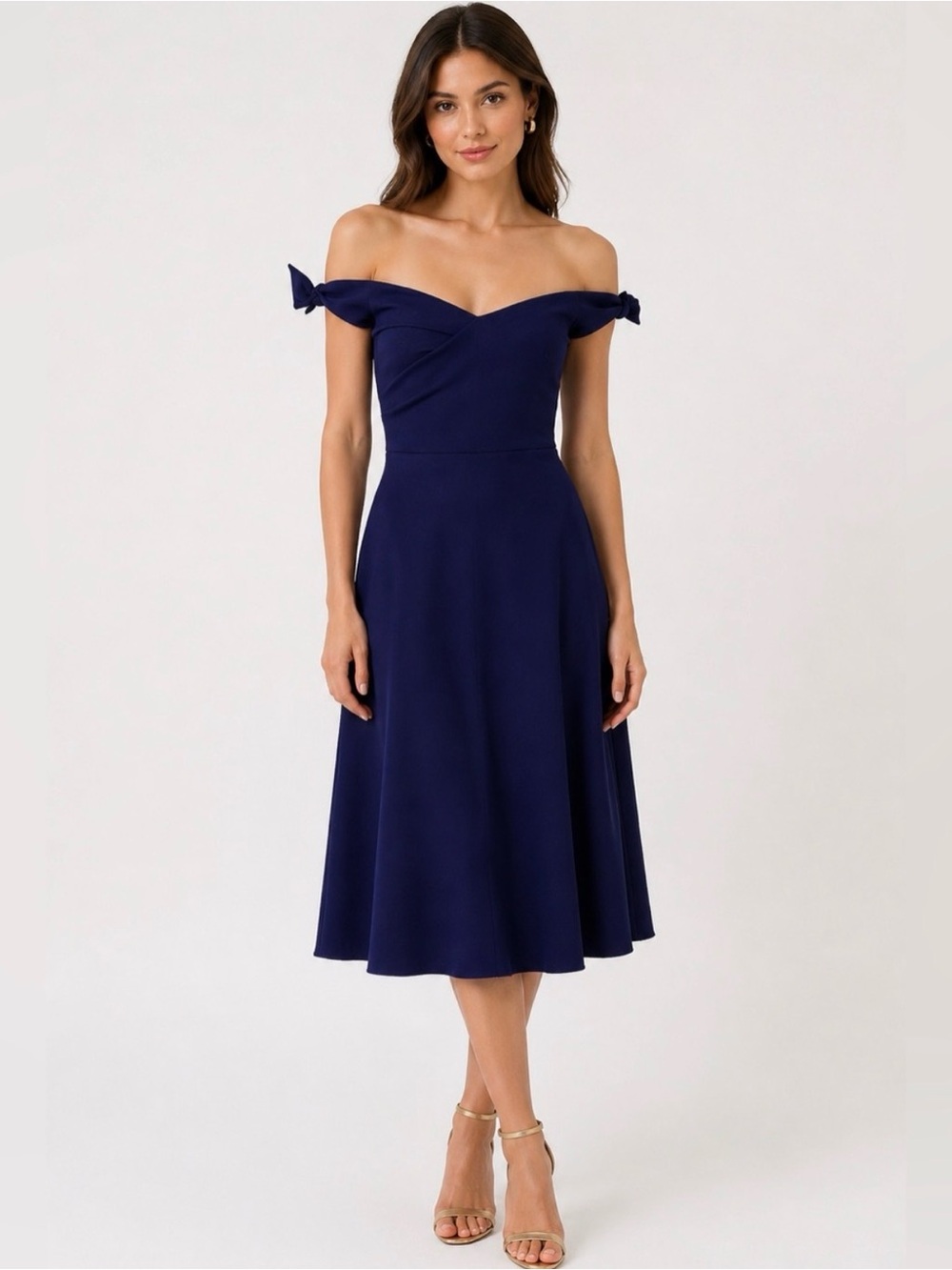 SALONI Off-the-Shoulder Navy Midi Dress with Tie Sleeves